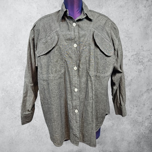 Avon Fashions Tops - Vintage Avon Fashions Gray Cotton Western Button Down Shirt Flap Pockets Size 14
